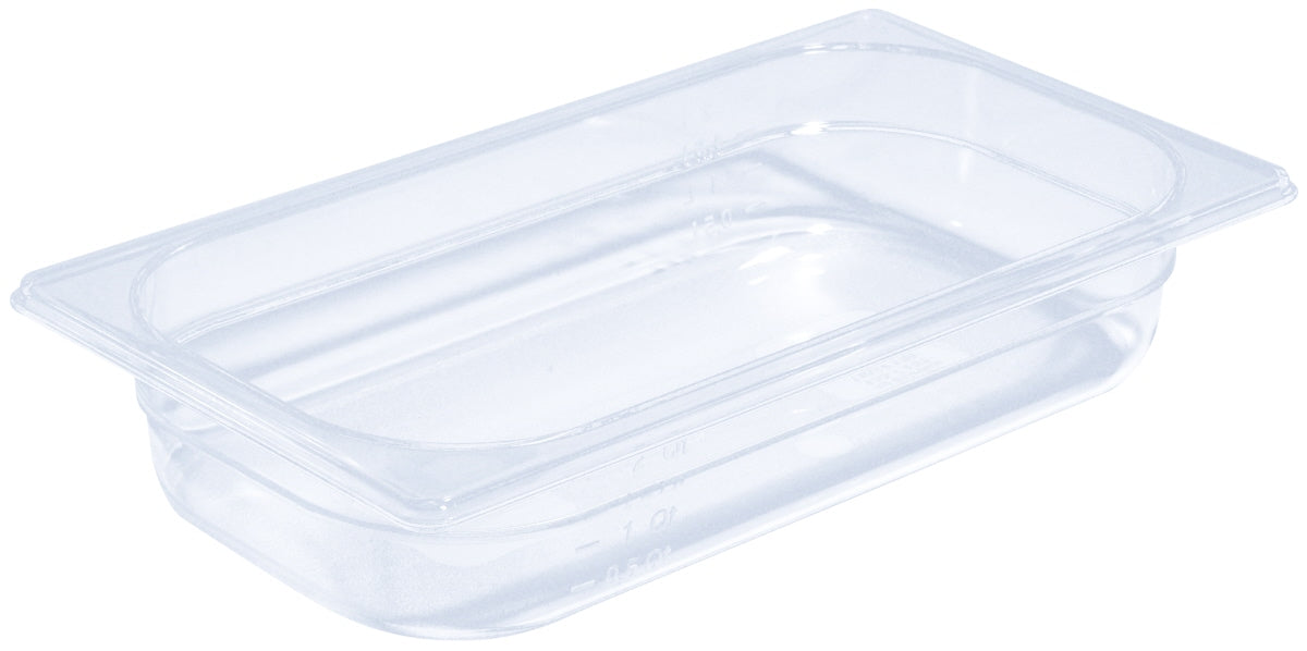 Transparente GN-Behälter aus Kunststoff.
