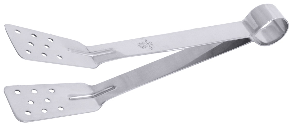 Edelstahl Grillzange mit Löchern.