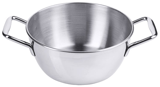 Edelstahl-Schüssel mit zwei Griffen.