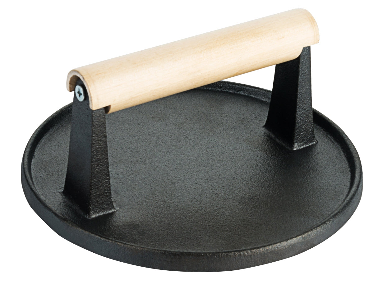 Runder Grillpressen-Deckel mit Holzgriff.