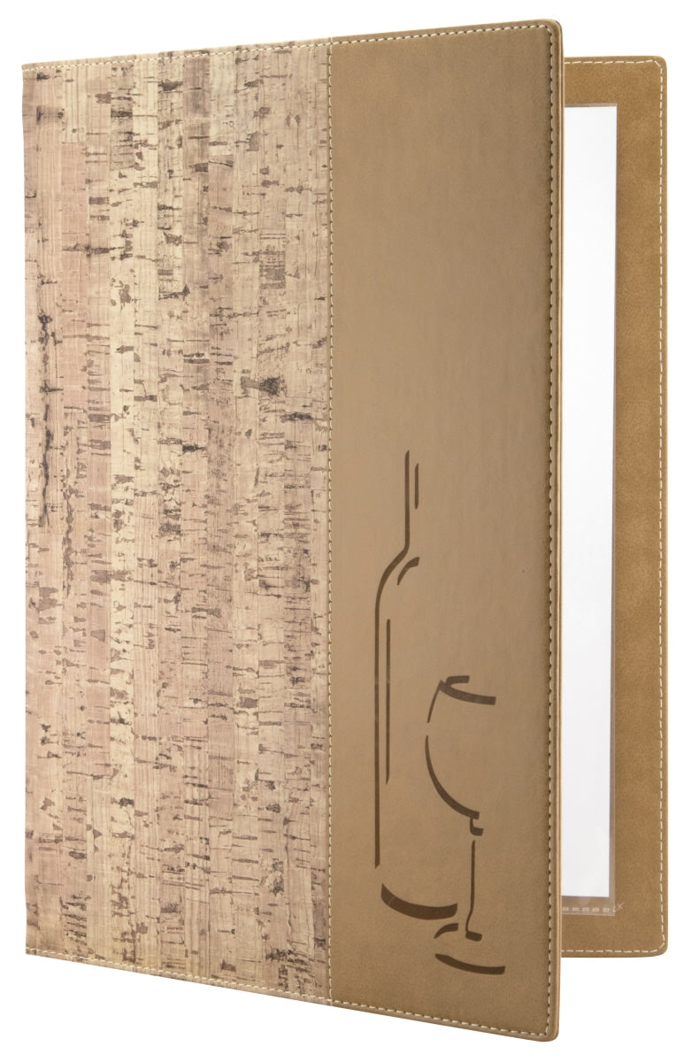 Speisekarte mit Flaschen-Glas-Motiv.