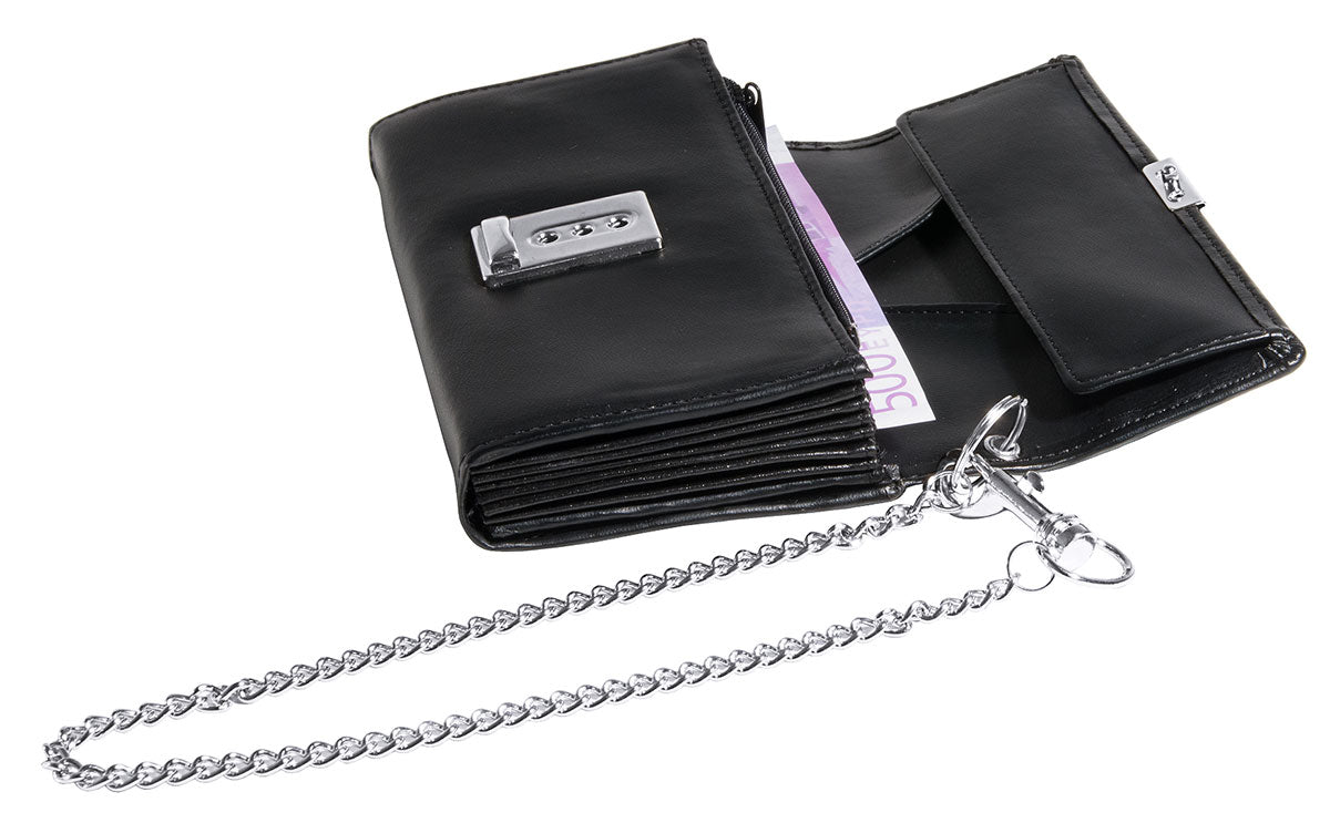 Schwarze Kellnerbörse mit Kette.