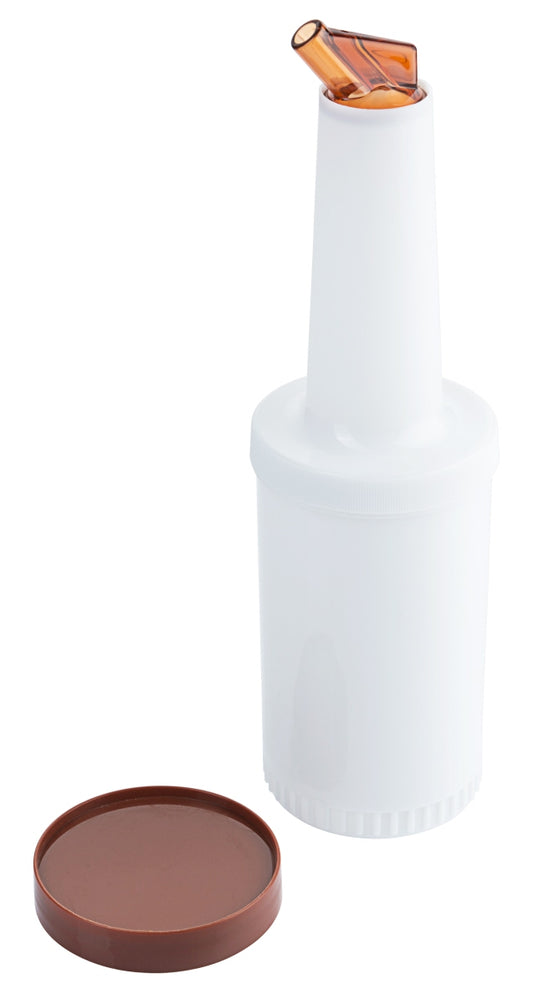 Weiße Flasche mit braunem Deckel.