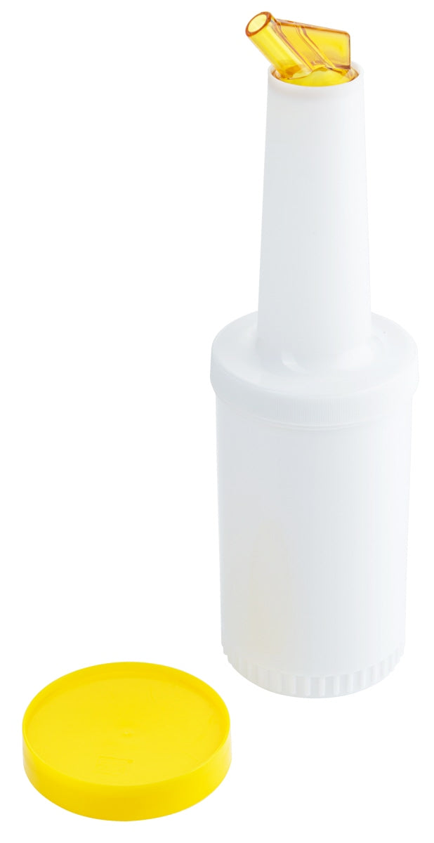 Weiße Flasche mit gelbem Deckel.