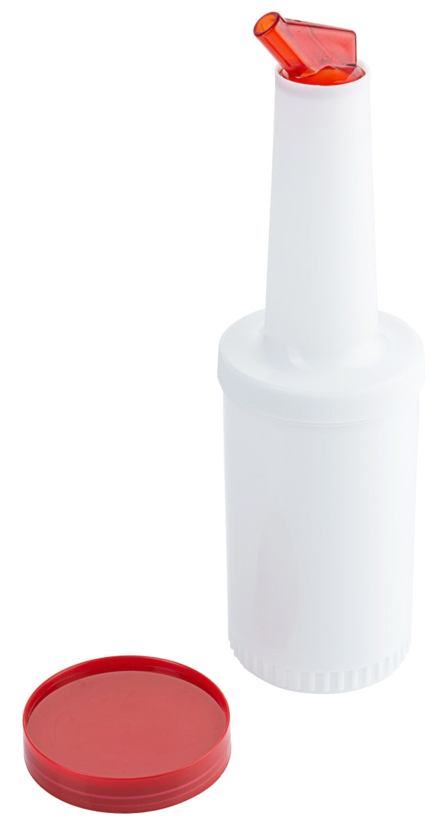 Weißer Ausgießer mit rotem Deckel.