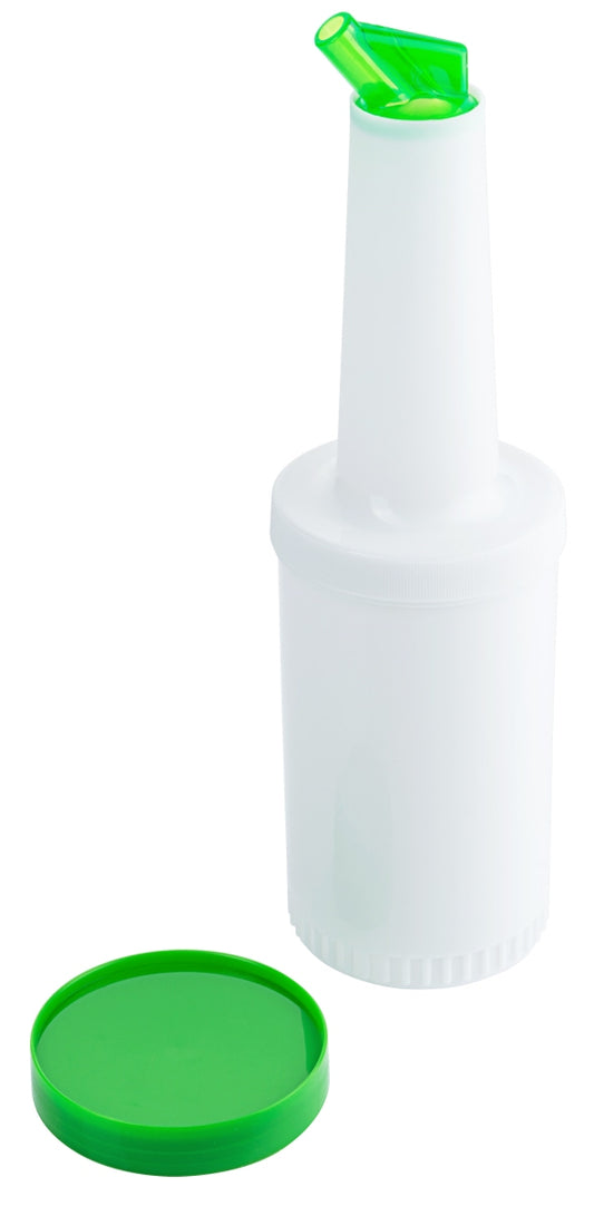 Weiße Flasche mit grünem Deckel.