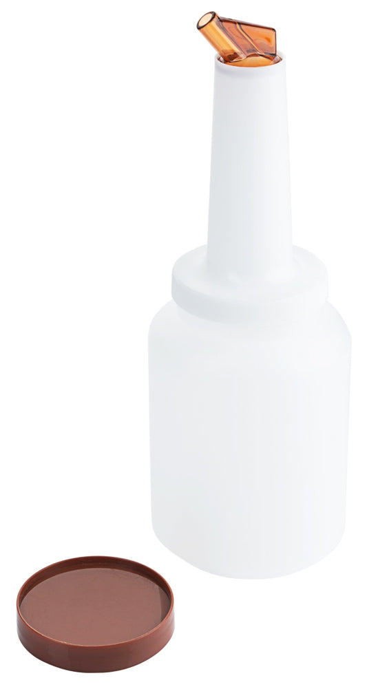 Weiße Flasche mit braunem Deckel.