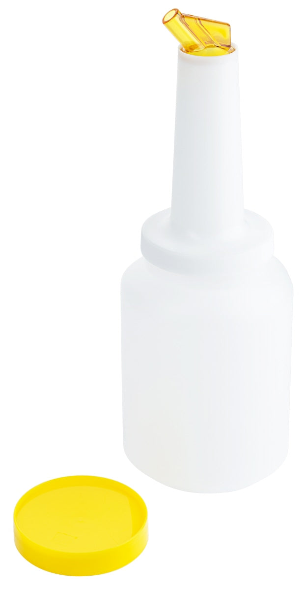Weiße Flasche mit gelbem Deckel.