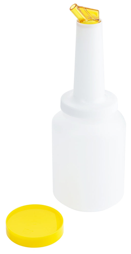 Weiße Flasche mit gelbem Deckel.