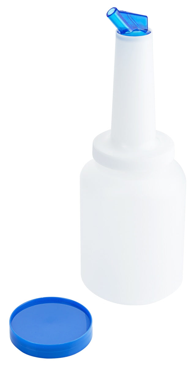 Weiße Flasche mit blauem Deckel.