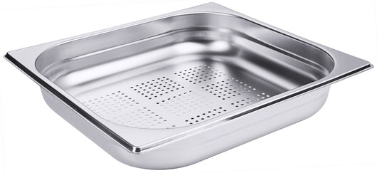 Edelstahl-Gastronormbehälter mit Löchern.