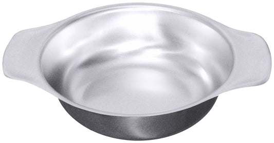 Metallschüssel mit zwei Griffen.