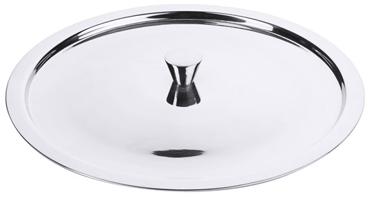 Silberner Topfdeckel auf weißem Hintergrund.