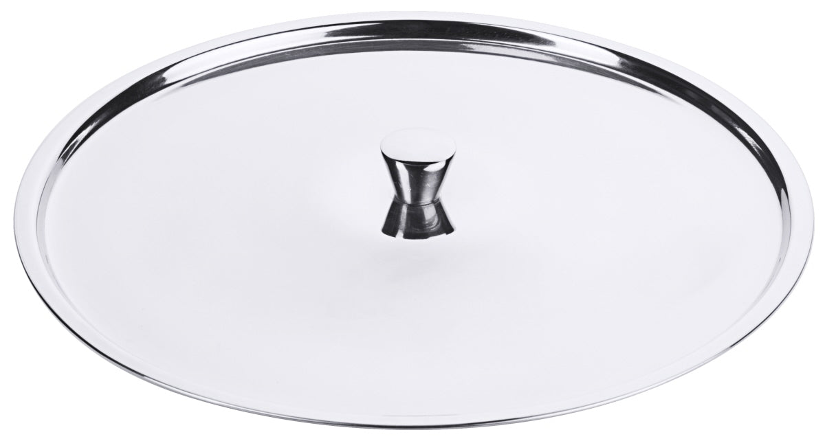 Edelstahl-Topfdeckel auf weißem Hintergrund.