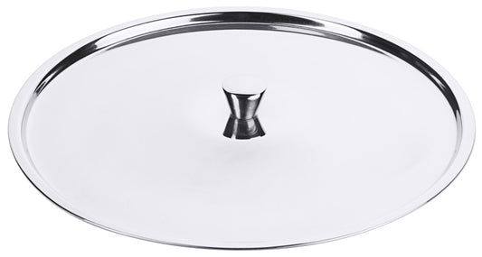 Edelstahl-Topfdeckel auf weißem Hintergrund.
