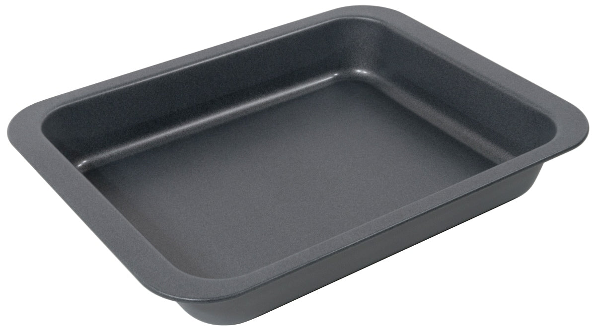 Rechteckige Backform aus Metall.