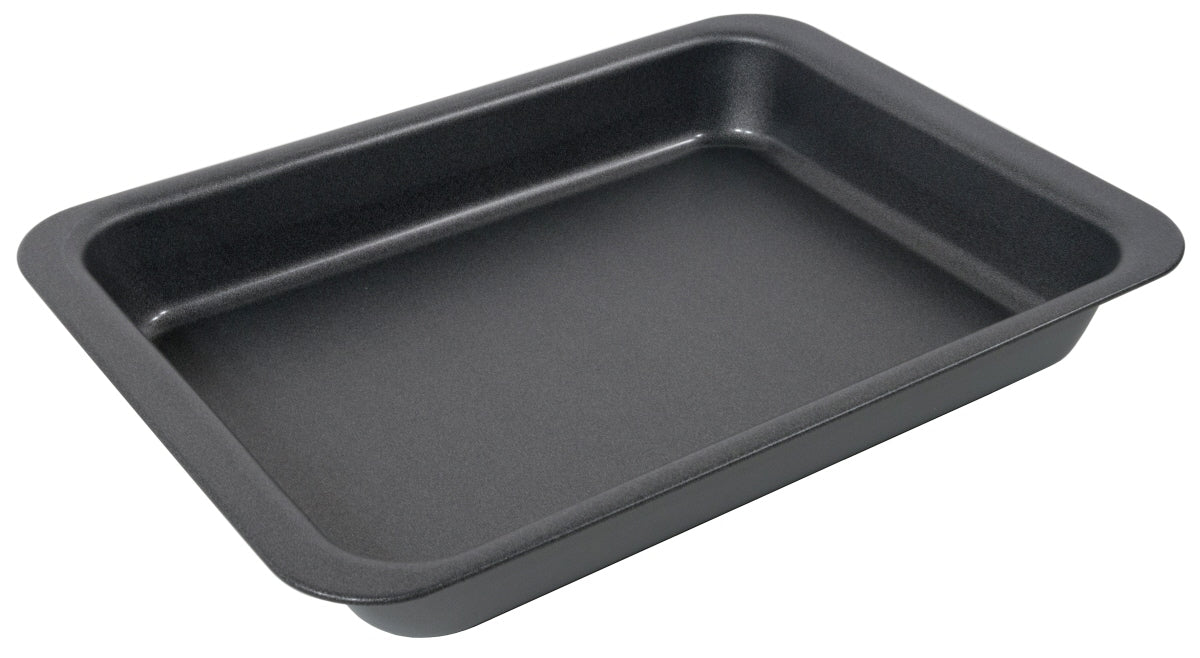 Schwarzes Backblech aus Metall.