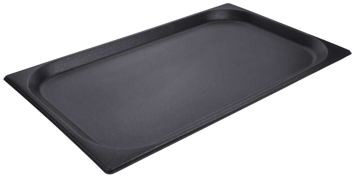 Schwarzes GN-Behältertablett aus Kunststoff.