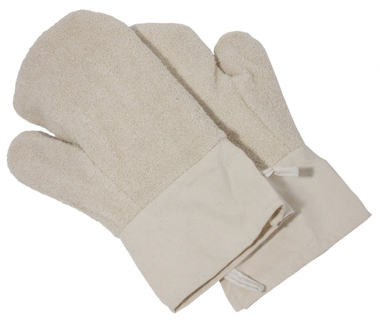 Zwei weiße Ofenhandschuhe aus Stoff.