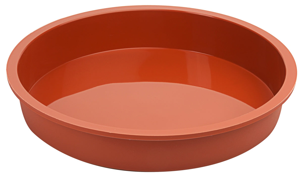 Runde, rote Backform aus Silikon.