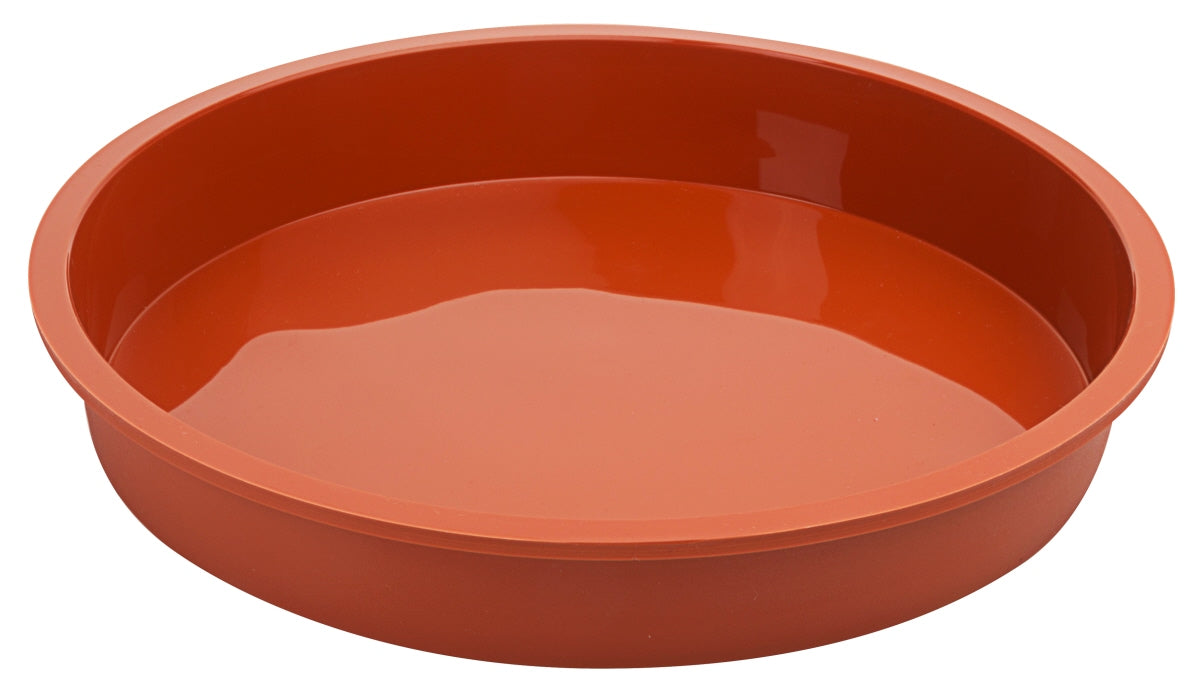 Runde, rote Backform aus Silikon.