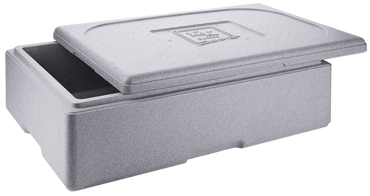 Graue Isolierbox mit Deckel.
