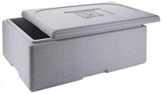 Graue Isolierbox mit Deckel.