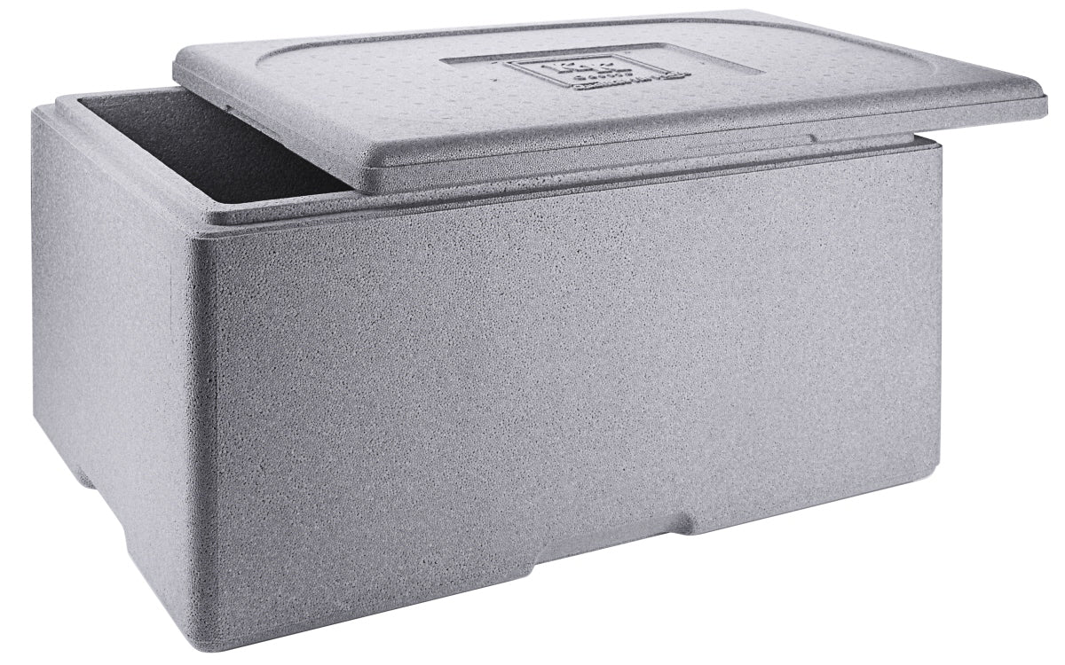 Graue Isolierbox mit Deckel.