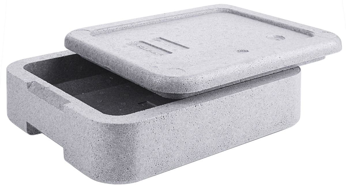 Graue Isolierbox mit Deckel.