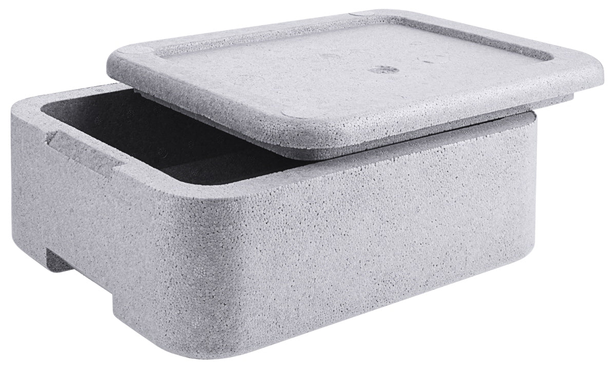 Graue Isolierbox mit Deckel.