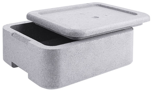 Graue Isolierbox mit Deckel.