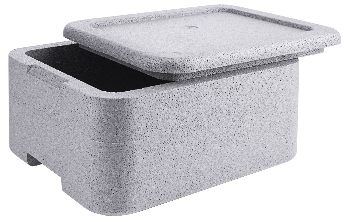 Graue Isolierbox mit Deckel.