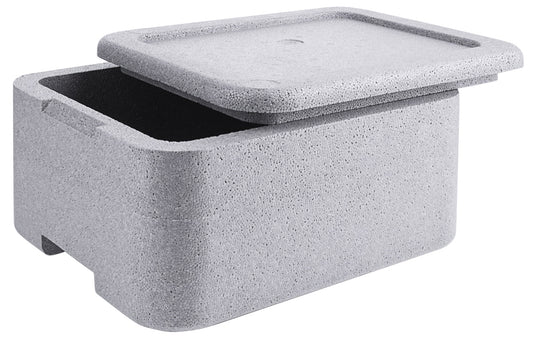 Graue Isolierbox mit Deckel.