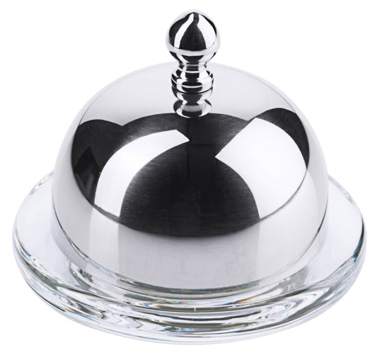 Silberne Cloche auf Glasplatte.
