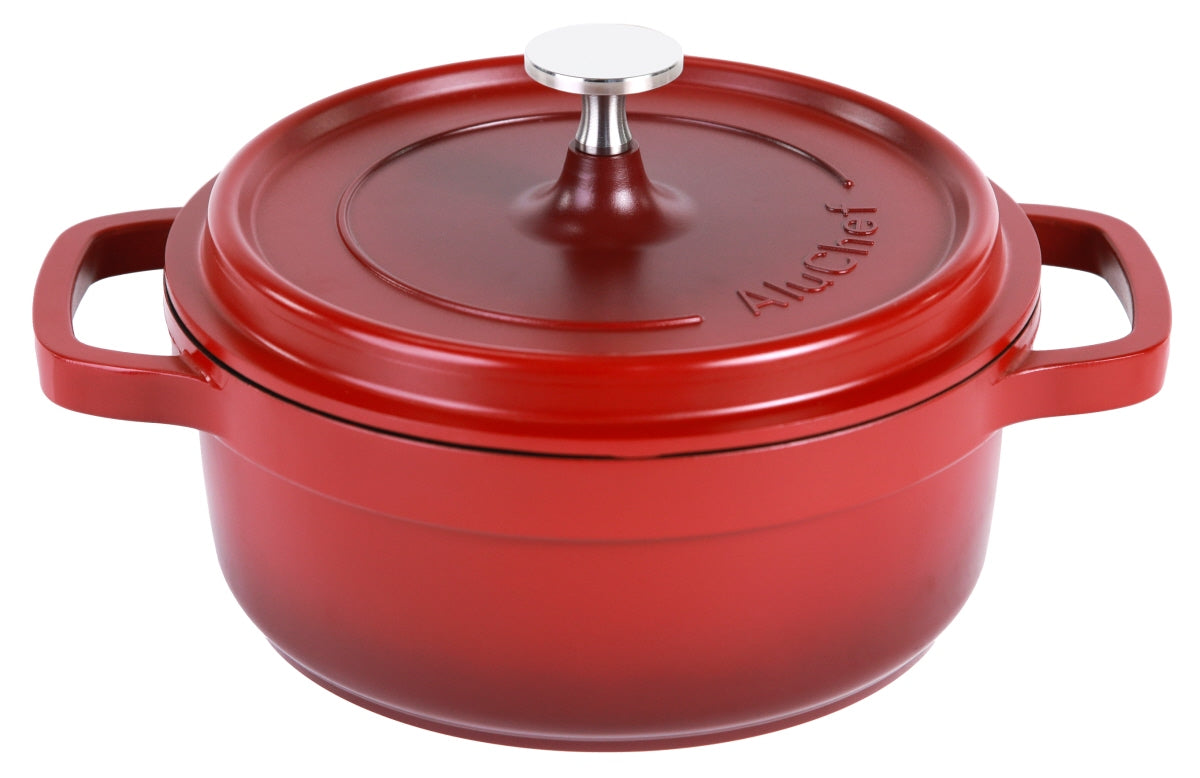 Roter gusseiserner Kochtopf mit Deckel