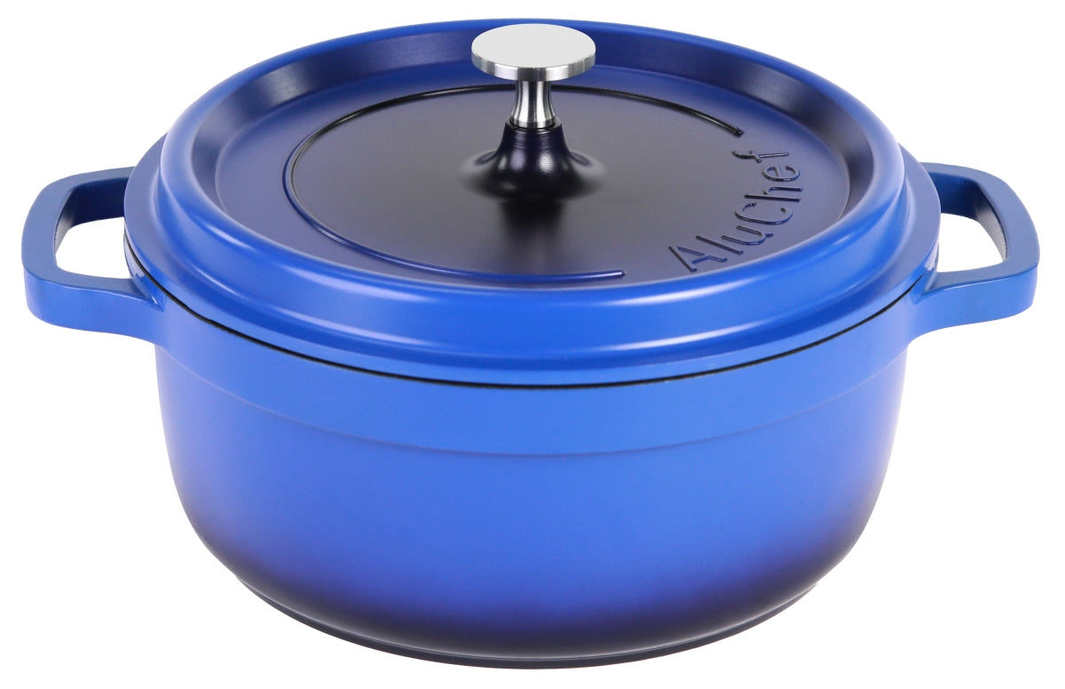 Blaue Gusseisen-Kasserolle mit Deckel