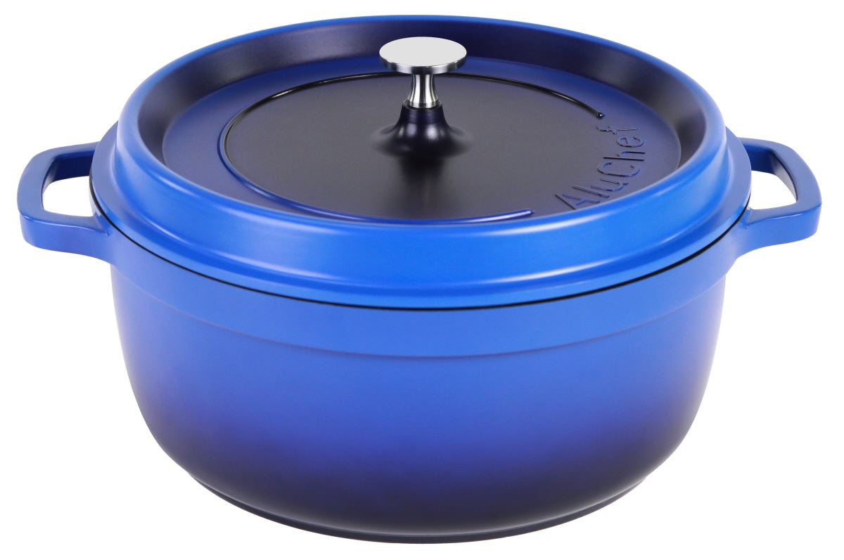 Blaue Gusseisenkasserolle mit Deckel