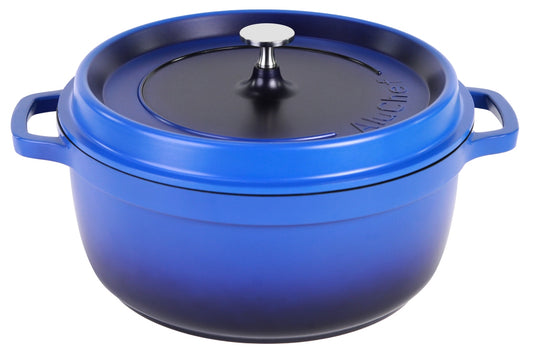 Blaue Gusseisenkasserolle mit Deckel