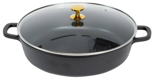Schwarzer Schmortopf mit Glasdeckel