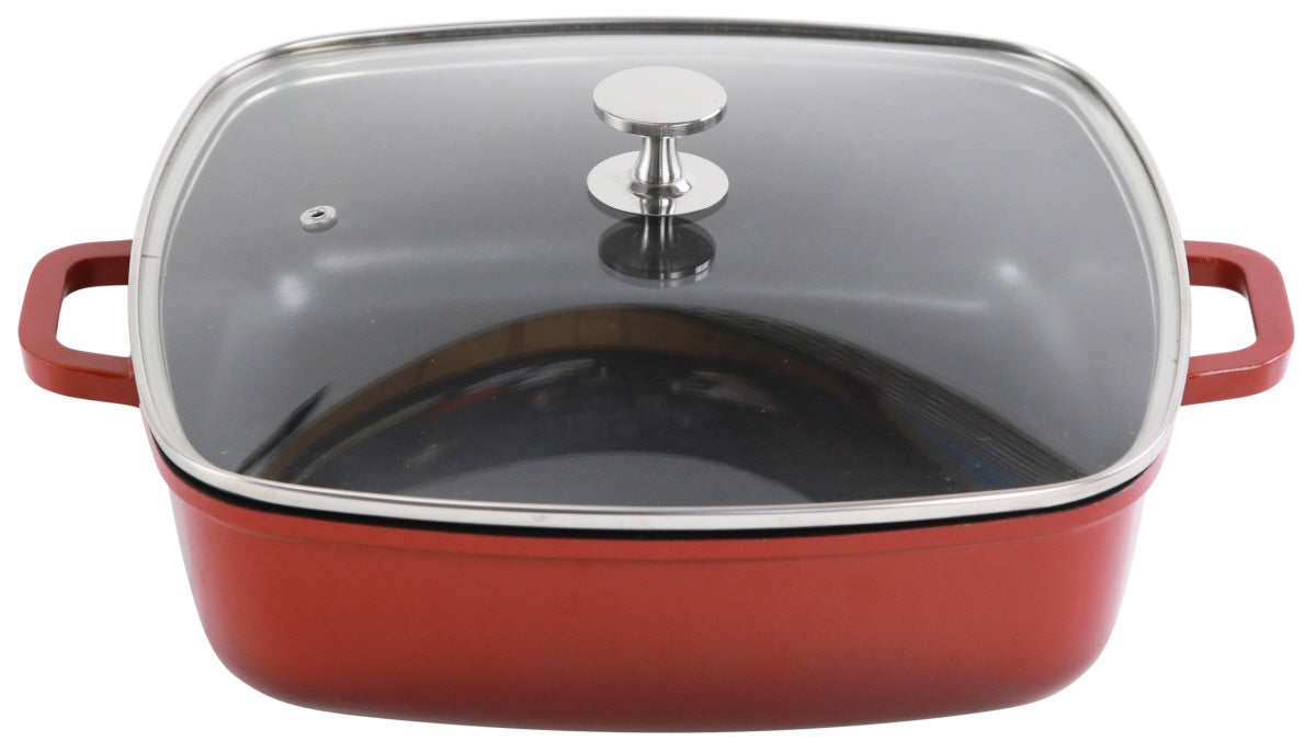 Roter Gastronomie-Bräter mit Glasdeckel
