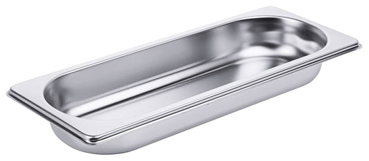 Edelstahl-Gastronormbehälter, rechteckig, silber.