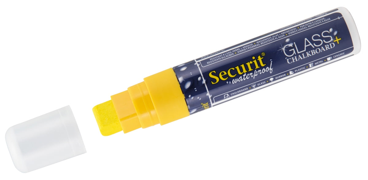 Gelber Kreidemarker mit abgenommener Kappe.