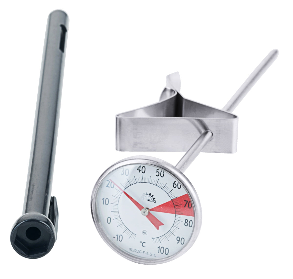 Thermometer mit Schutzhülle und Halterung.