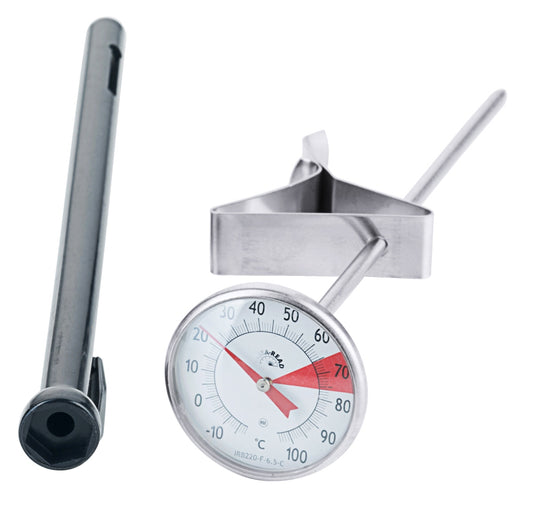 Thermometer mit Schutzhülle und Halterung.