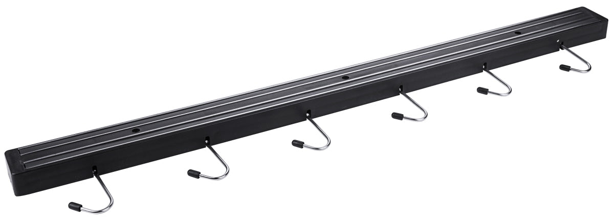Schwarze Hakenleiste mit Haken.