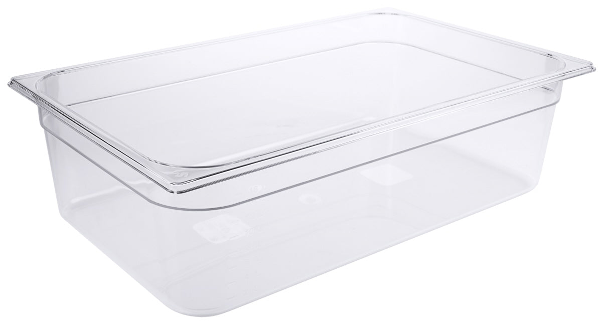 Transparente GN-Behälter aus Kunststoff.