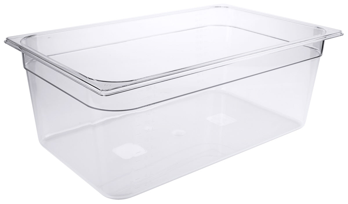 Transparente GN-Behälter aus Kunststoff.