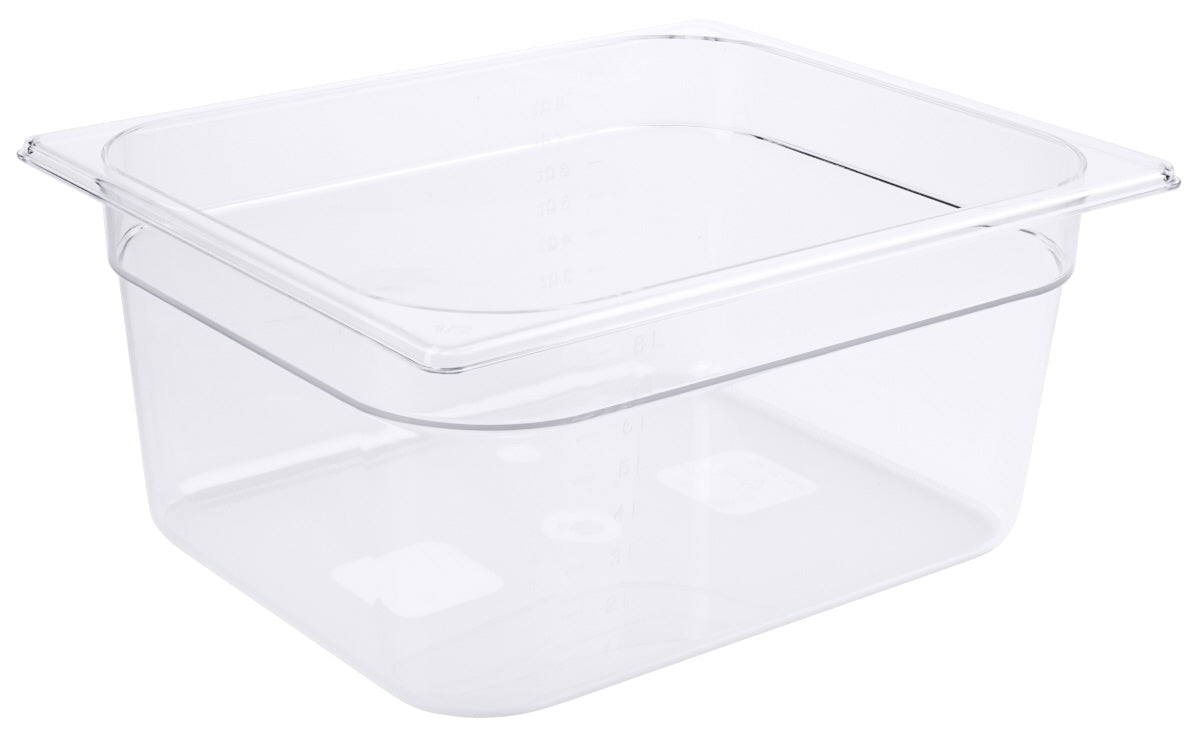 Transparente GN-Behälter aus Kunststoff.