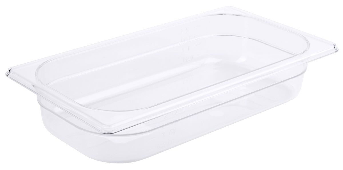 Transparente GN-Behälter aus Kunststoff.