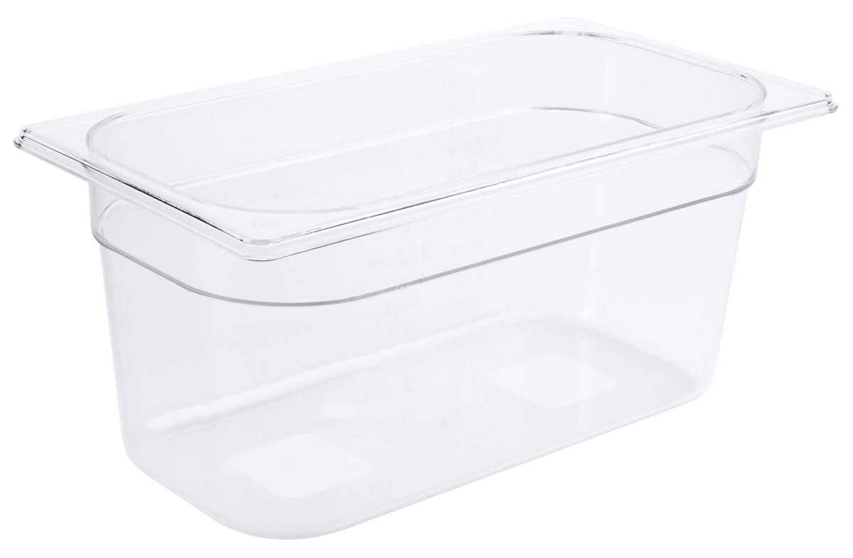 Transparente GN-Behälter aus Kunststoff.